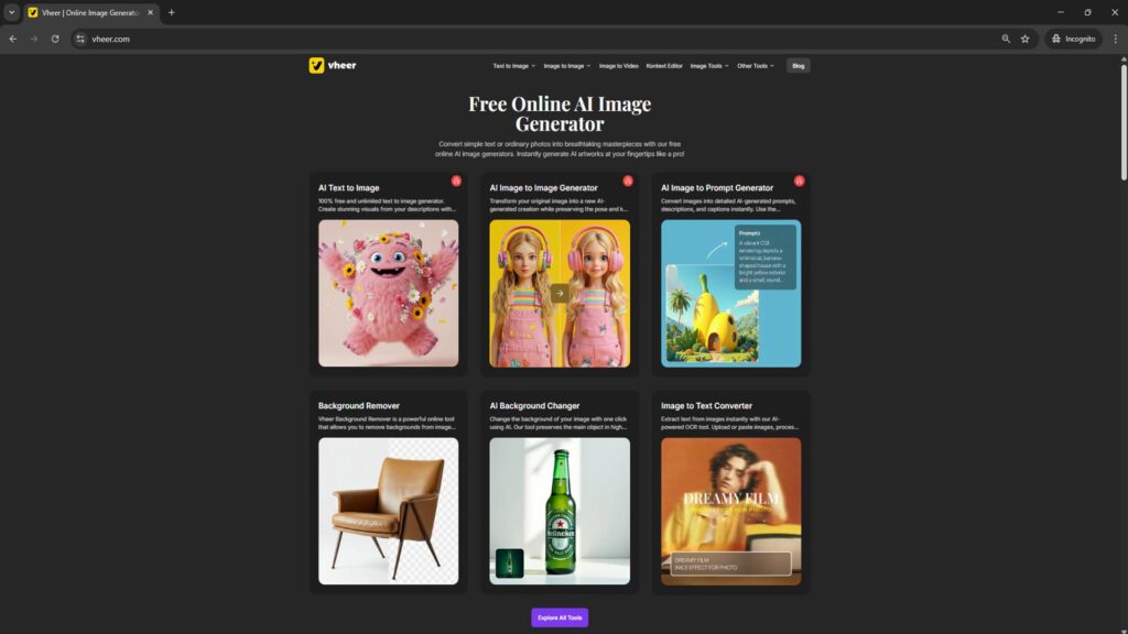 Screenshot of Vheer AI homepage showing the free AI image generator tools and In this blog post we are discuss about what is Vheer AI & why Vheer AI is the best free AI image generator